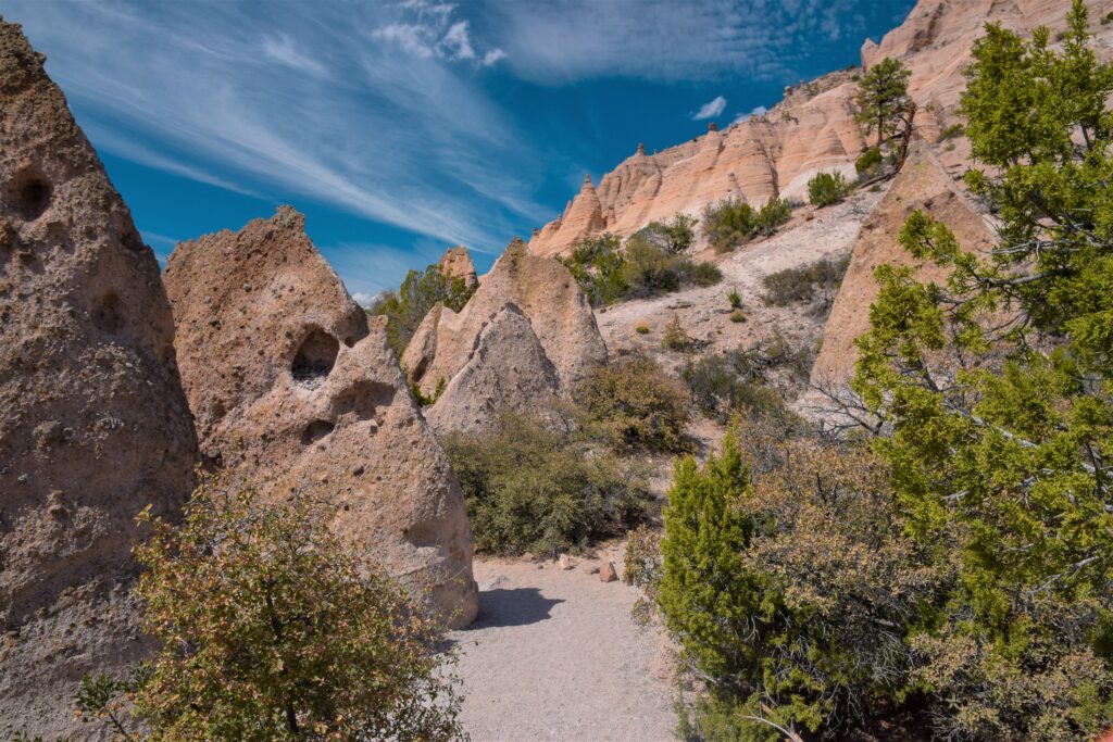 Tent-shaped rocks on a trail in Kashe-Katuwe Tent Rocks National Monument near Santa Fe